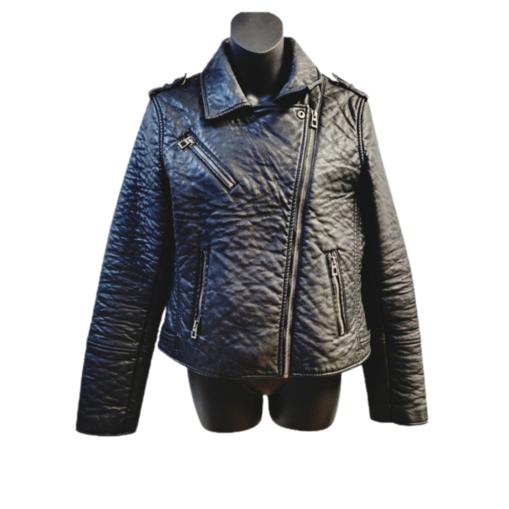 GLAMOROUS QUILTED BLACK FAUX LEATHER MOTORCYCLE JACKET SIZE L - Picture 2 of 6